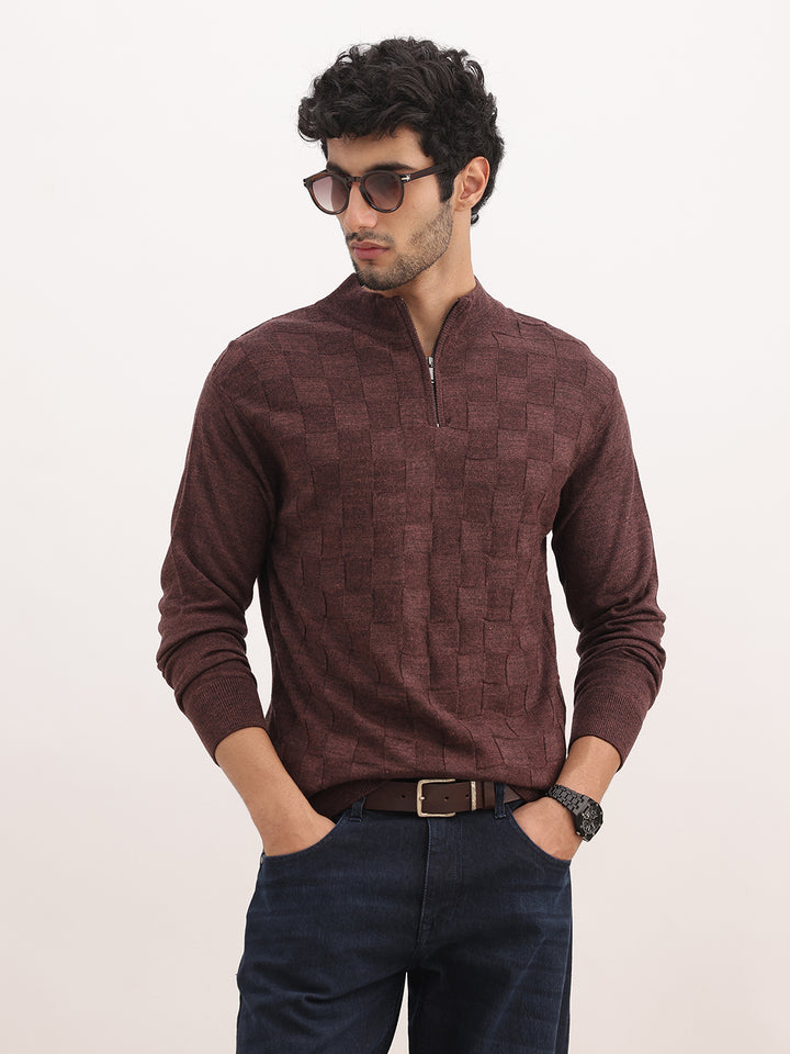 Solid Regular Fit Quater Zipper Textured Sweater | Brown