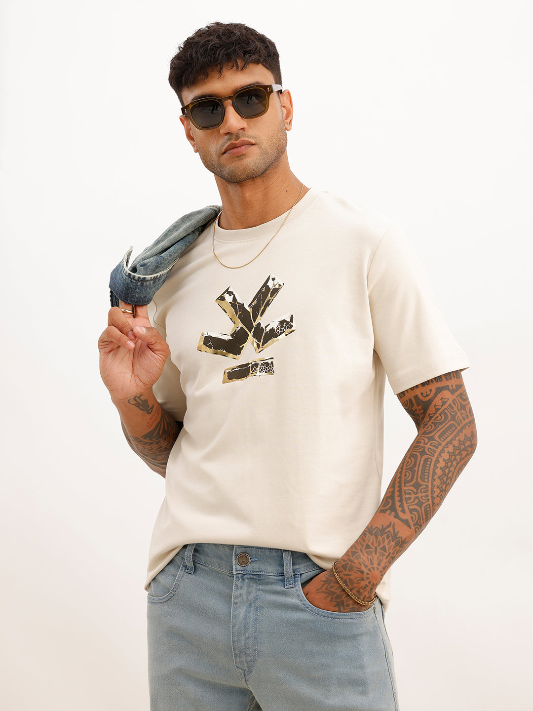 Slim Fit Foli Printed T-Shirt | Beige