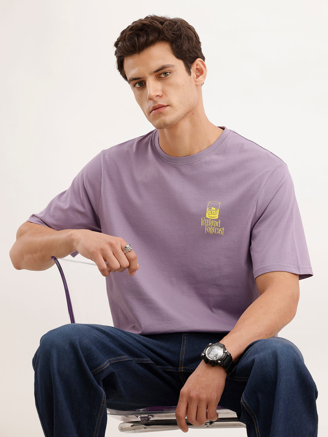 Comfort Fit Placement Printed T-Shirt  | Purple