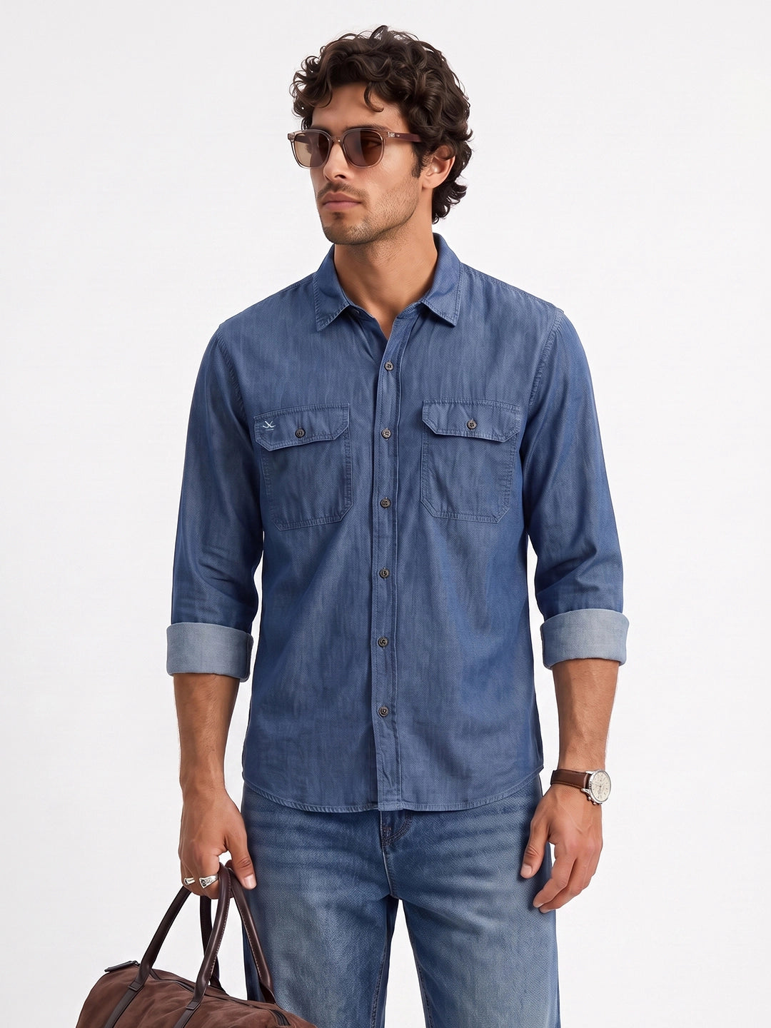 Classic Solid Double Pocket Shirt | Blue