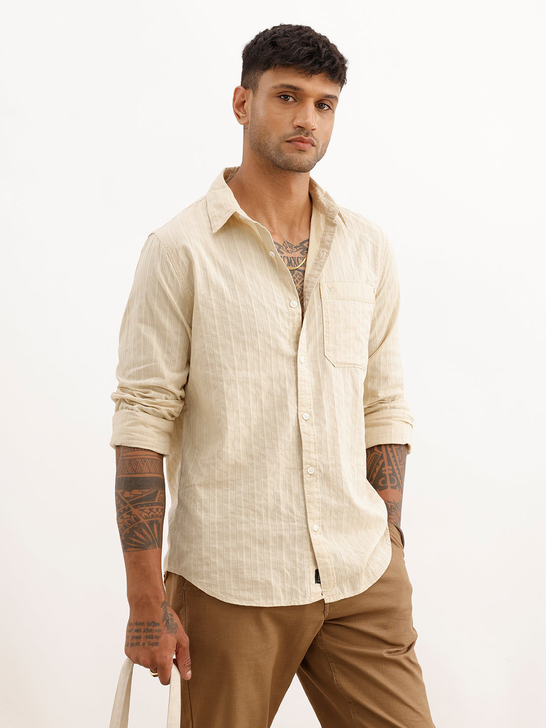 Slim Fit Striped Full Sleeve Shirt | Beige