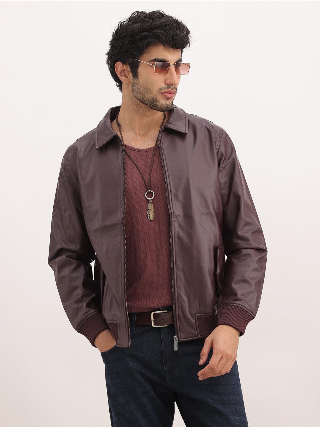 Solid Regular Fit Zipper Jacket | Wine