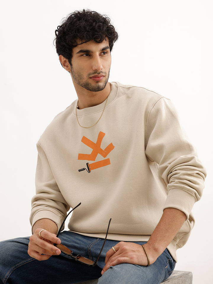 Comfort Fit Placement Printed Sweatshirt | Beige