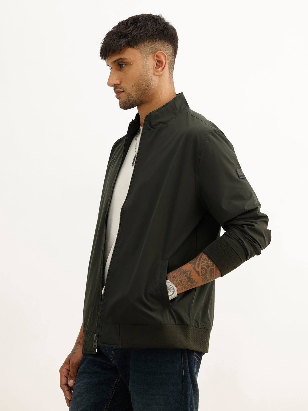 Solid Regular Fit Zipper Jacket | Olive