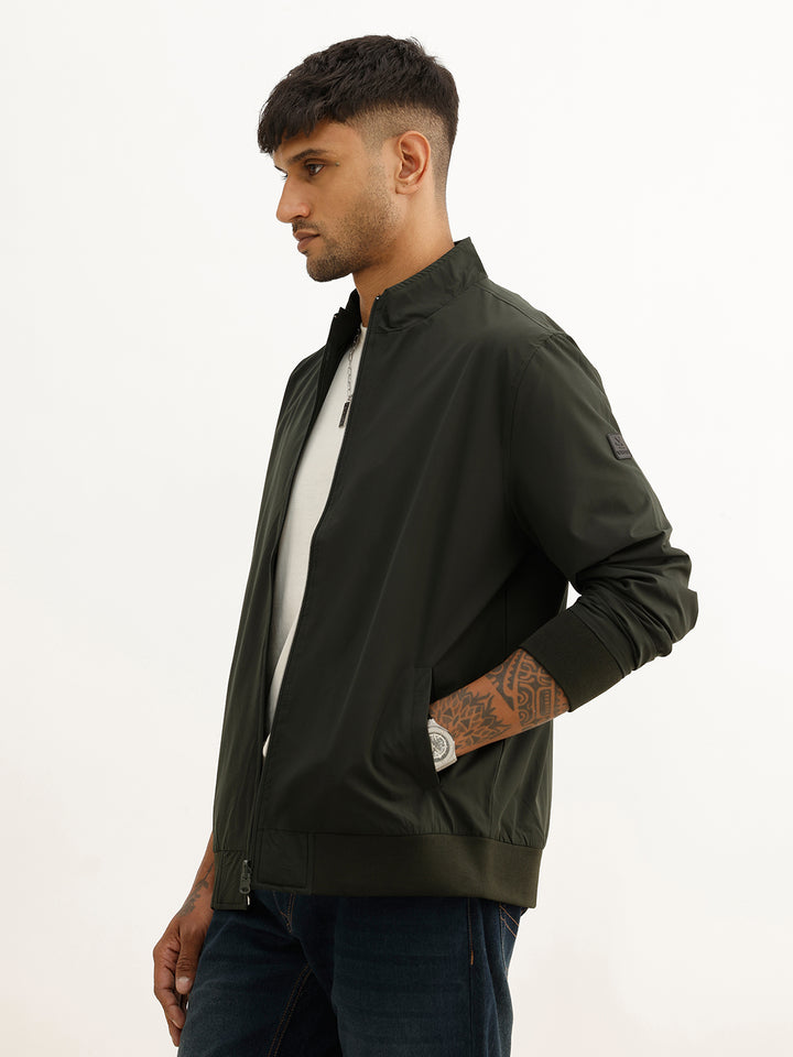 Solid Regular Fit Zipper Jacket | Olive