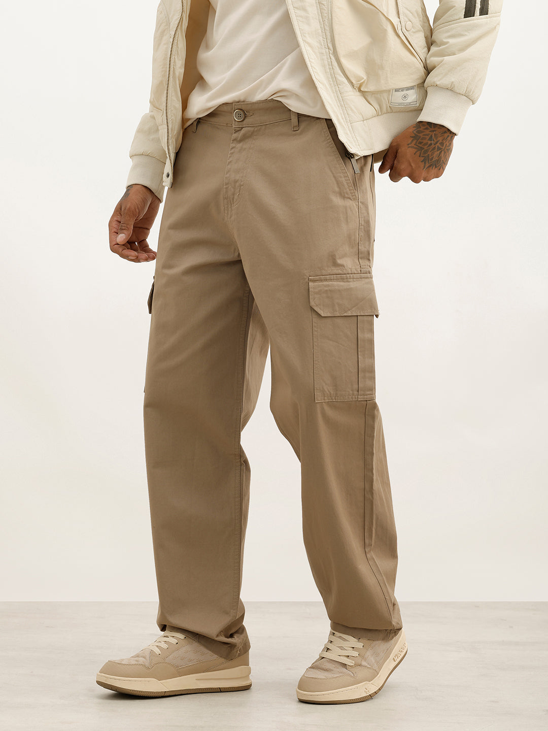 Solid Loose Fit Cargo Trousers | Beige