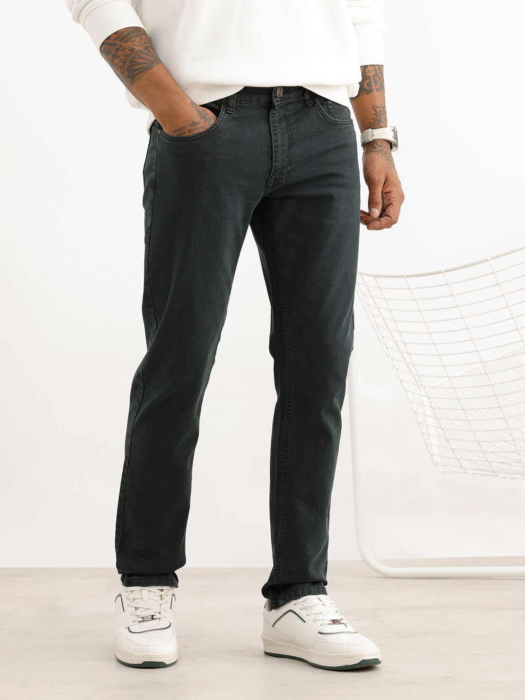 Solid Skinny Fit Denim Jeans | Dark Green