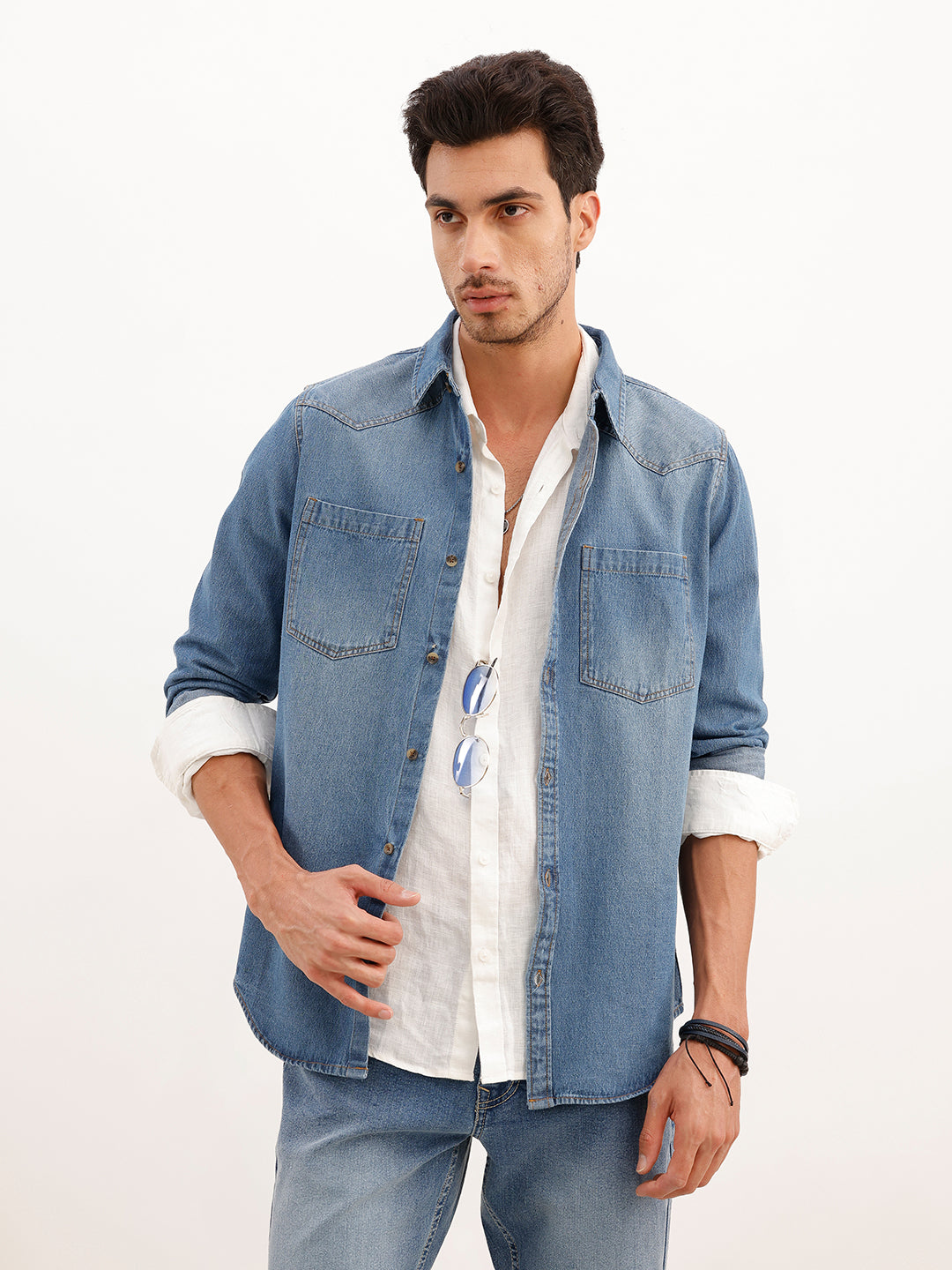 Indigo Washed Casual Regualr Fit Denim Shirt | Blue