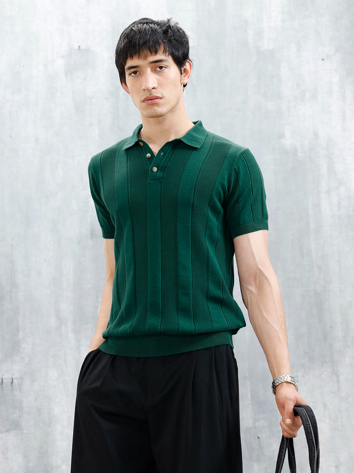 Classic Flat Knit Textured Polo T-Shirt For Men | Green