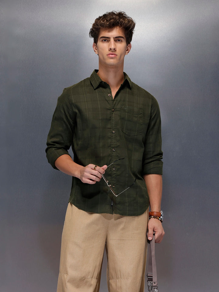 Men’s Dark Green Subtle Check Shirt | Olive