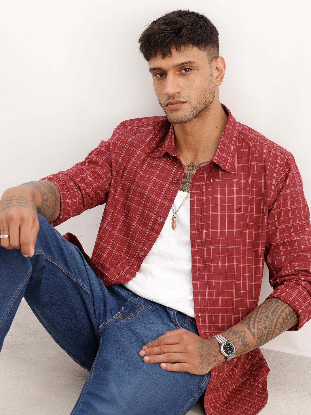 Slim Fit Checkered Full Sleeve Shirt | Red