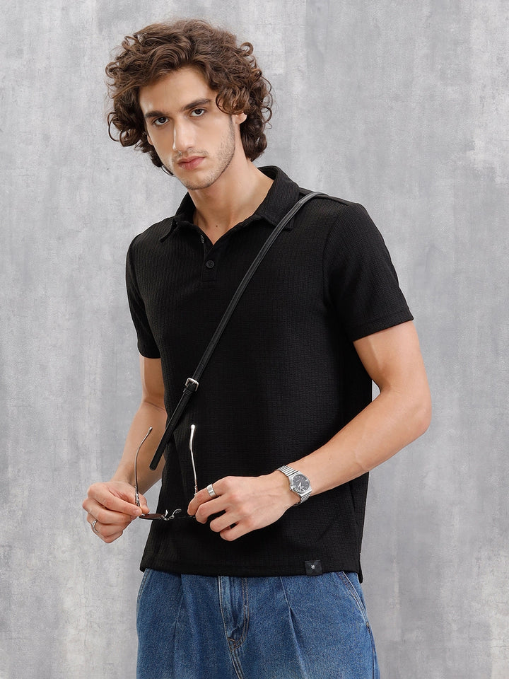 Jacquard Textured Knit Polo In Slim Fit  |  Black