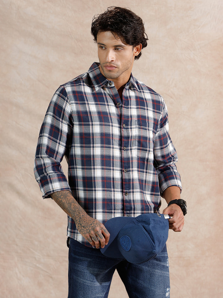 Dobby Check Regular Fit Shirt  | Navy Blue