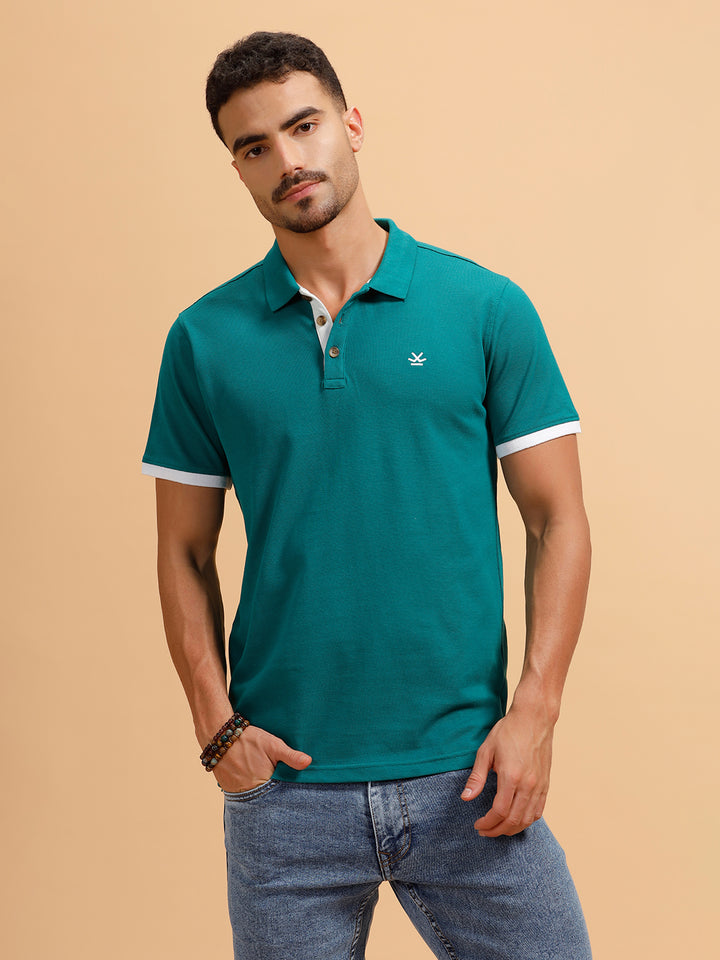 Contrast Detail Slim Fit Polo T-Shirt | Teal
