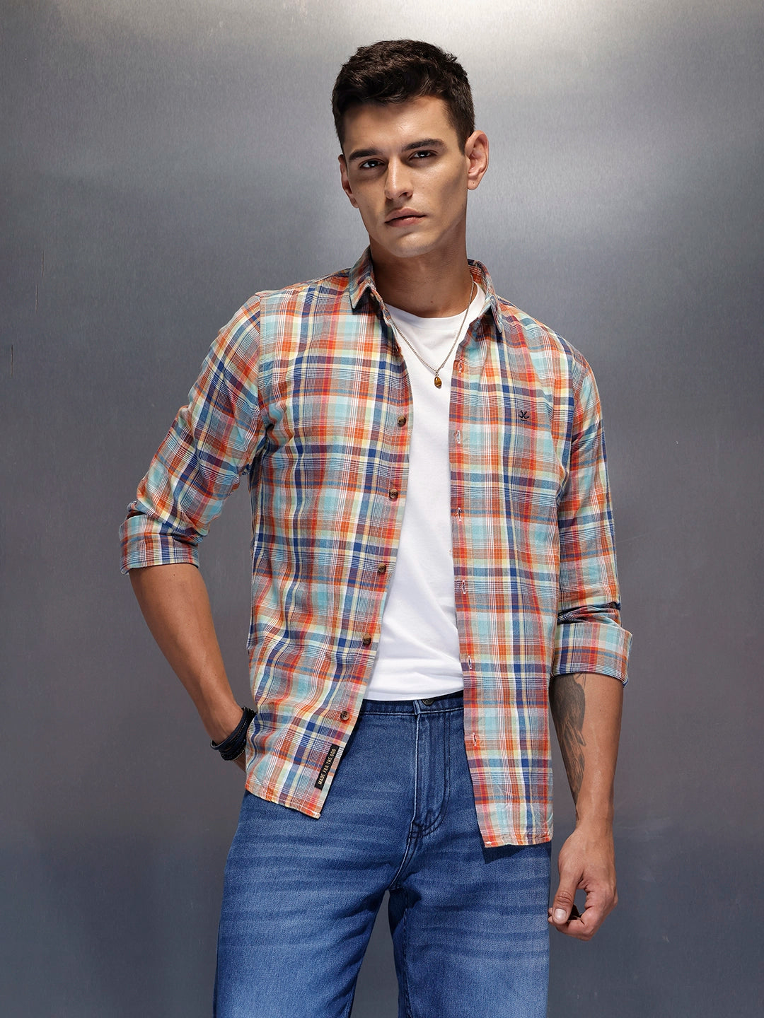 Men's slim fit checked shirt | Orange
