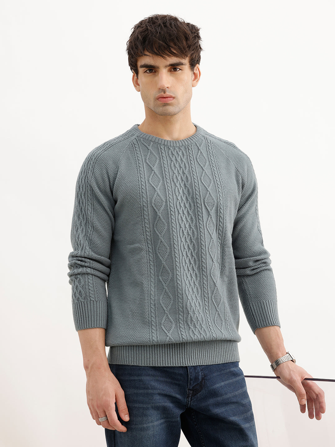 Solid Regular Fit Cable Knitted Sweater | Teal | WSW02FSRE1018W