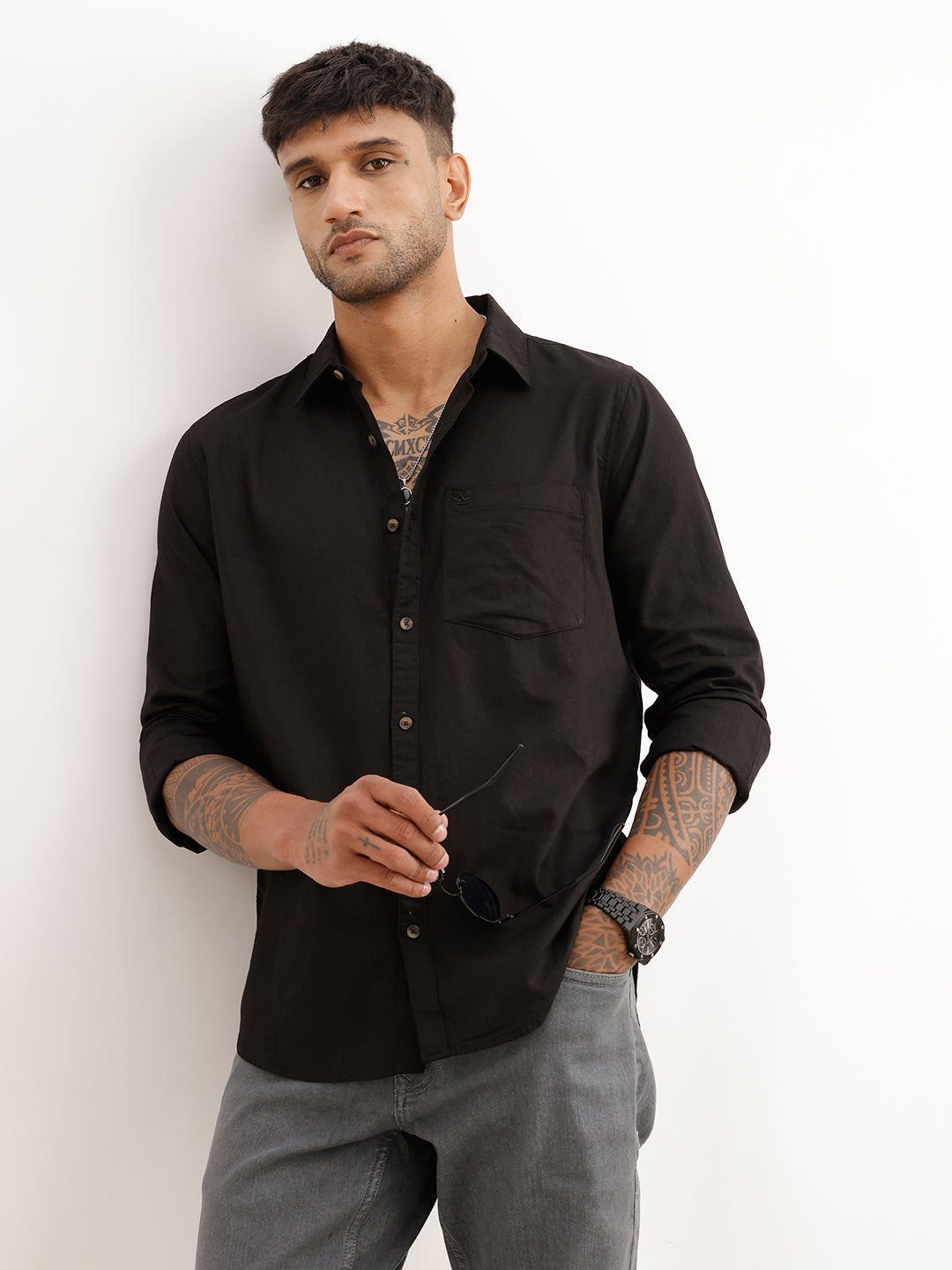 Solid Slim Fit Full Sleeve Shirt | Black