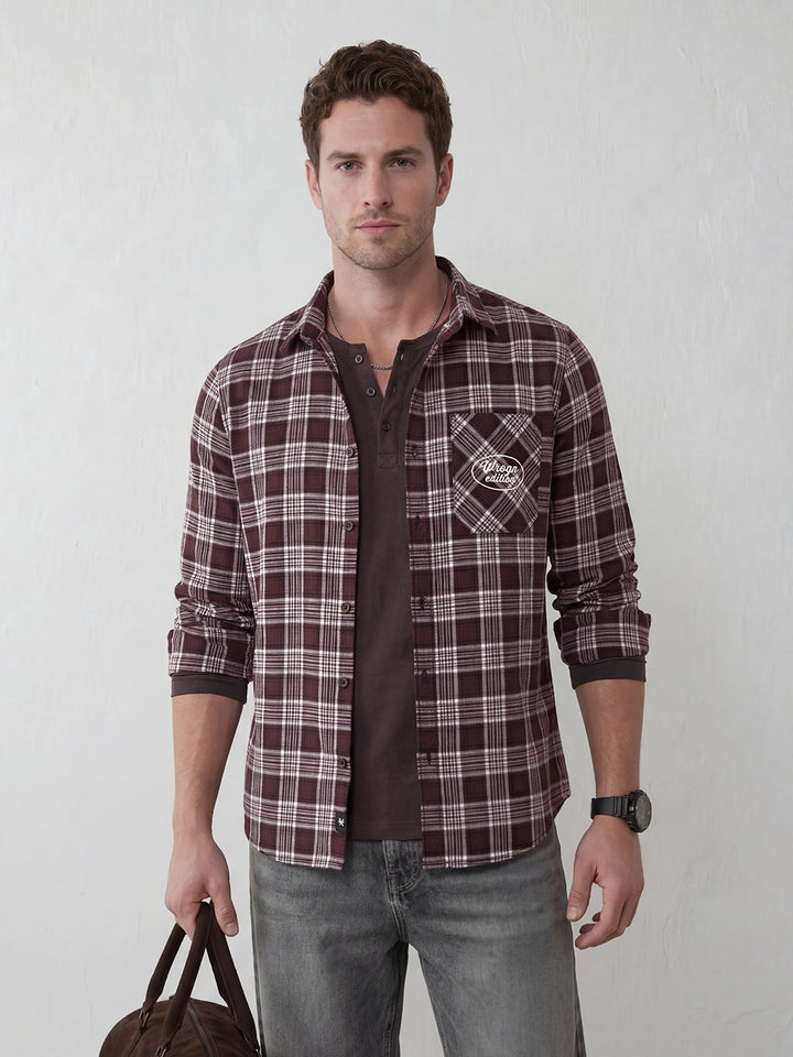 Refined Checks Slim fit Signature Embroidery shirt | Brown