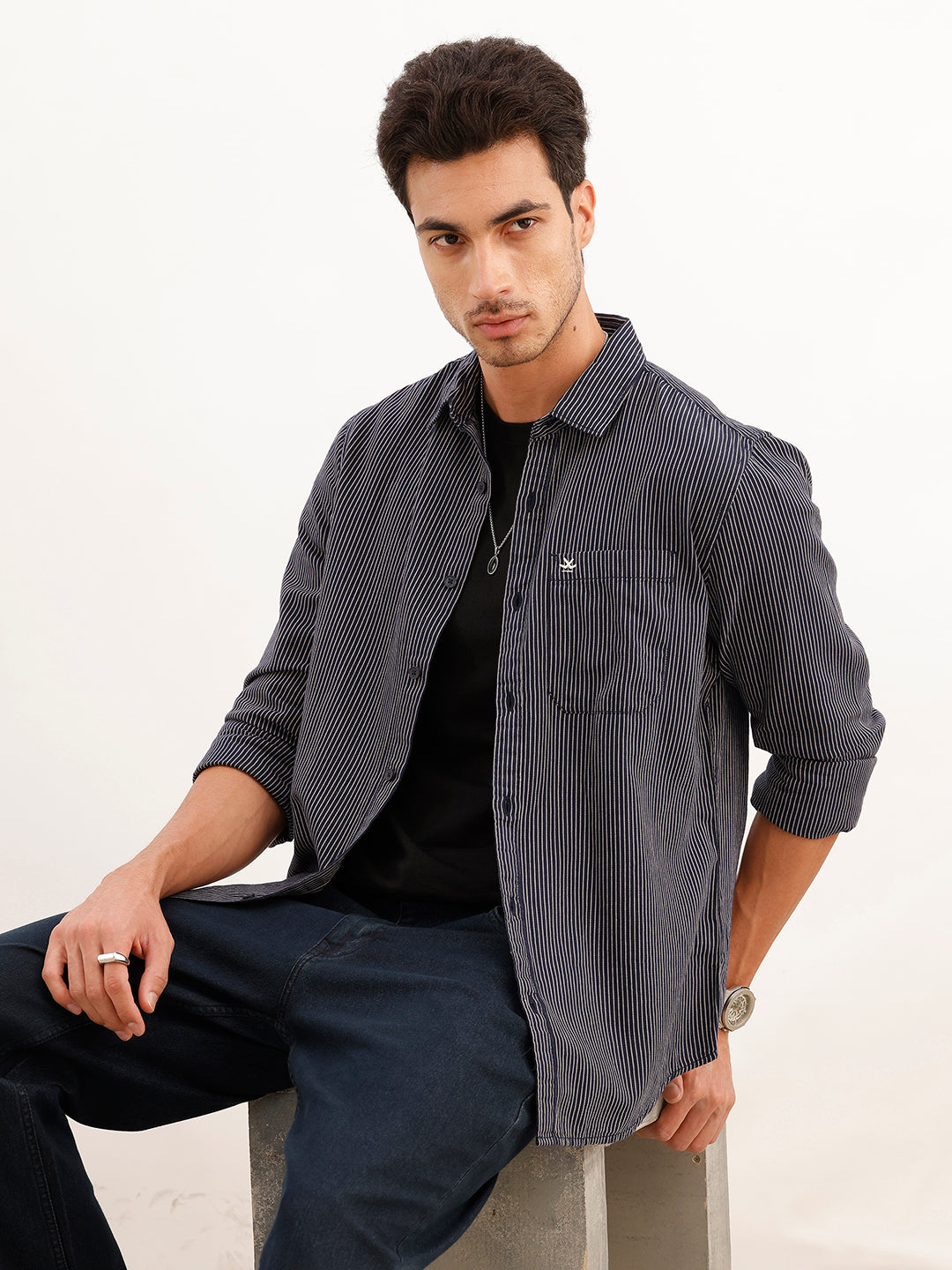 Regular Fit Full Sleeve Striped Shirt | Navy Blue