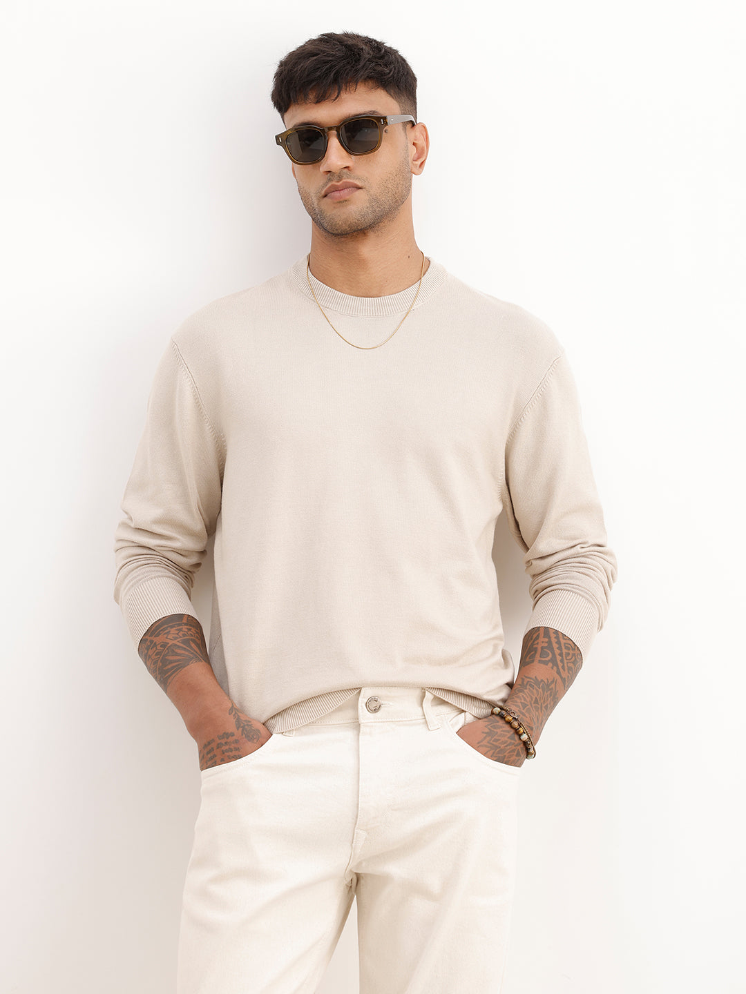 Solid Comfort Fit Full Sleeve Sweater | Beige