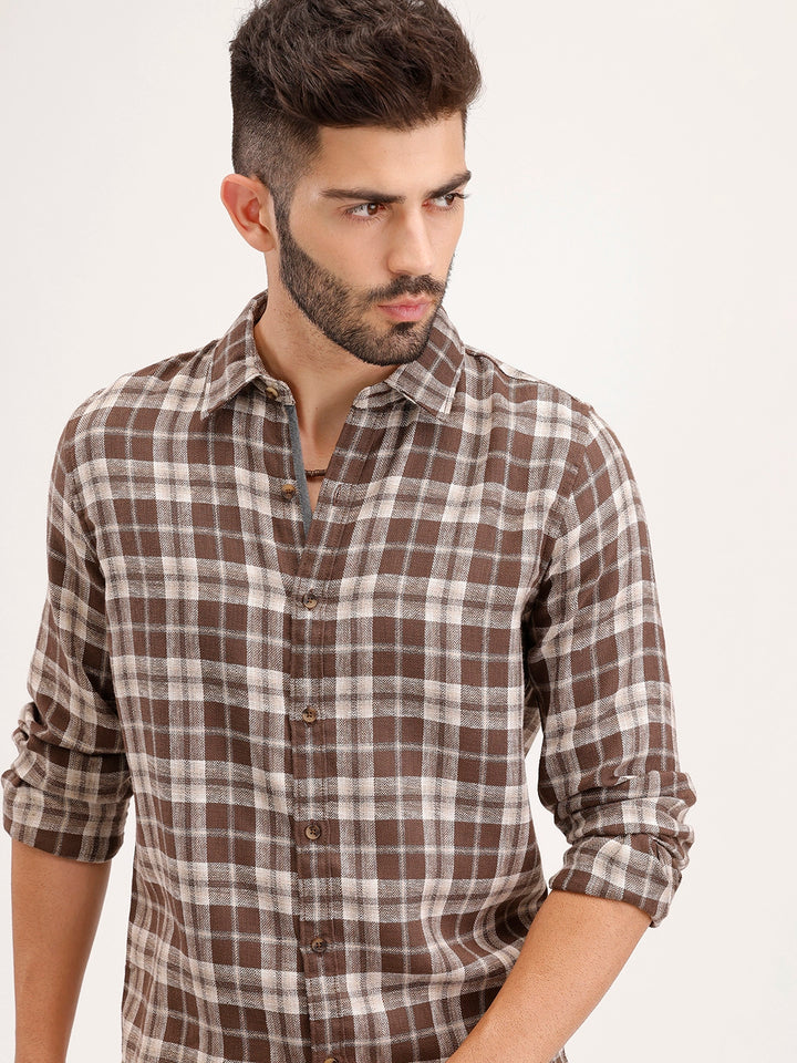 Slim Fit Linen Blend Herringbone Checkered Shirt | Brown