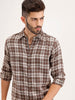 Slim Fit Linen Blend Herringbone Checkered Shirt | Brown