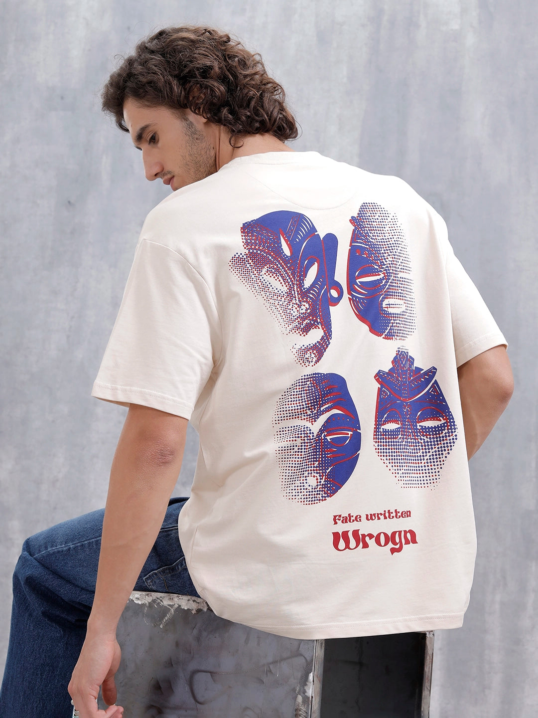 Mythical Faces Oversized Cotton Back Print T-Shirt | Beige