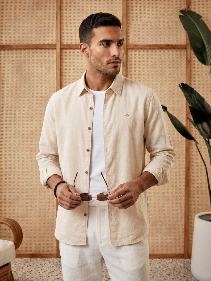 Solid Linen Blend Slim Fit Shirt | Beige