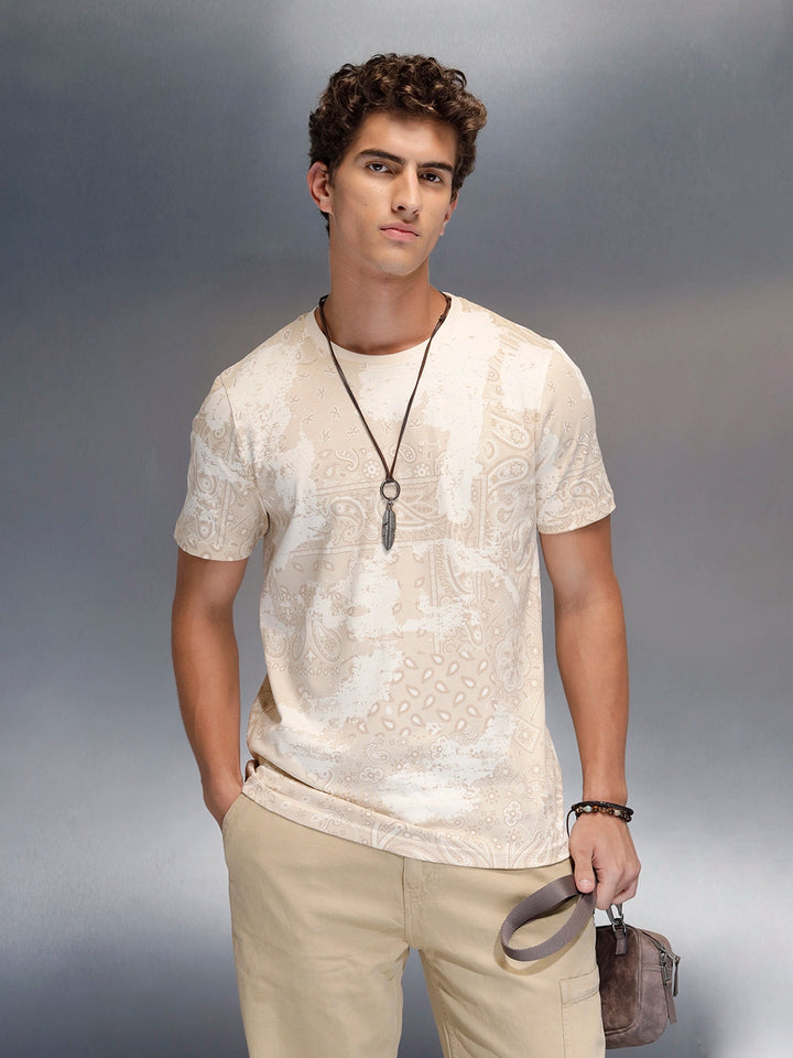 Men's slim fit Casual Tshirt with Paisley AOP  | Beige