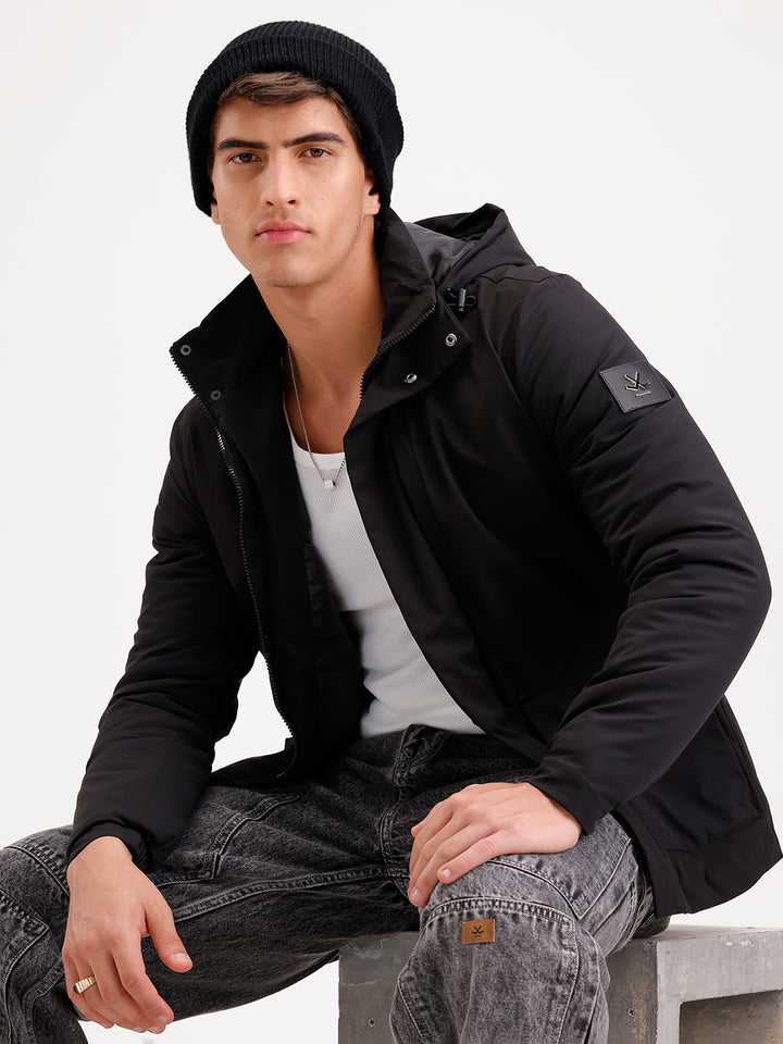 Slim Fit Double Pocket Hooded Jacket  | Black