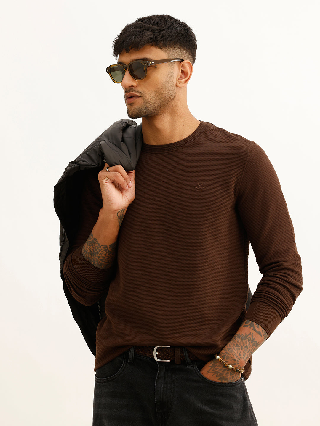 Slim Fit Textured Full Sleeve T-Shirt | Brown