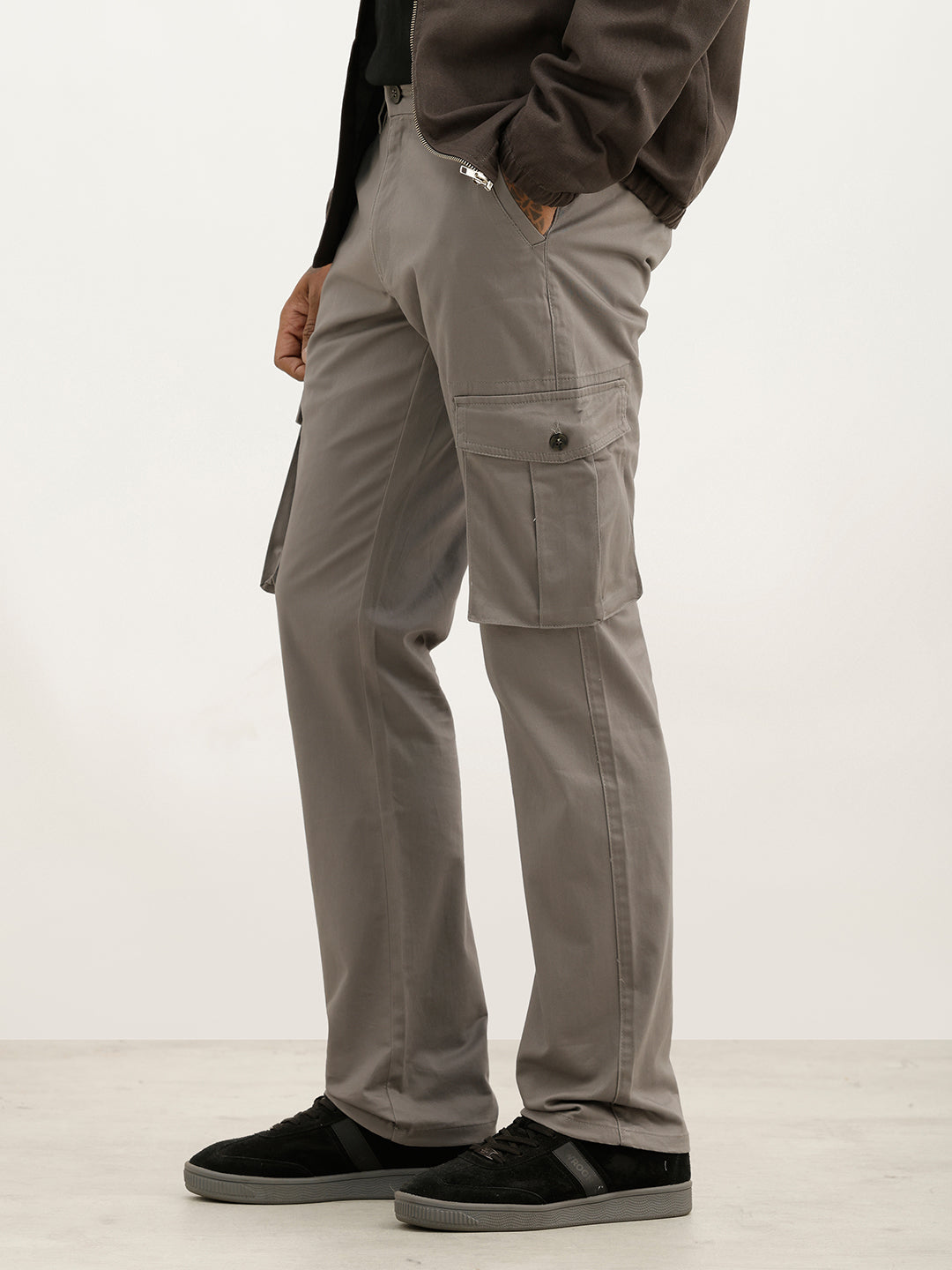 Solid Straight Fit Cargo Trouser | Grey