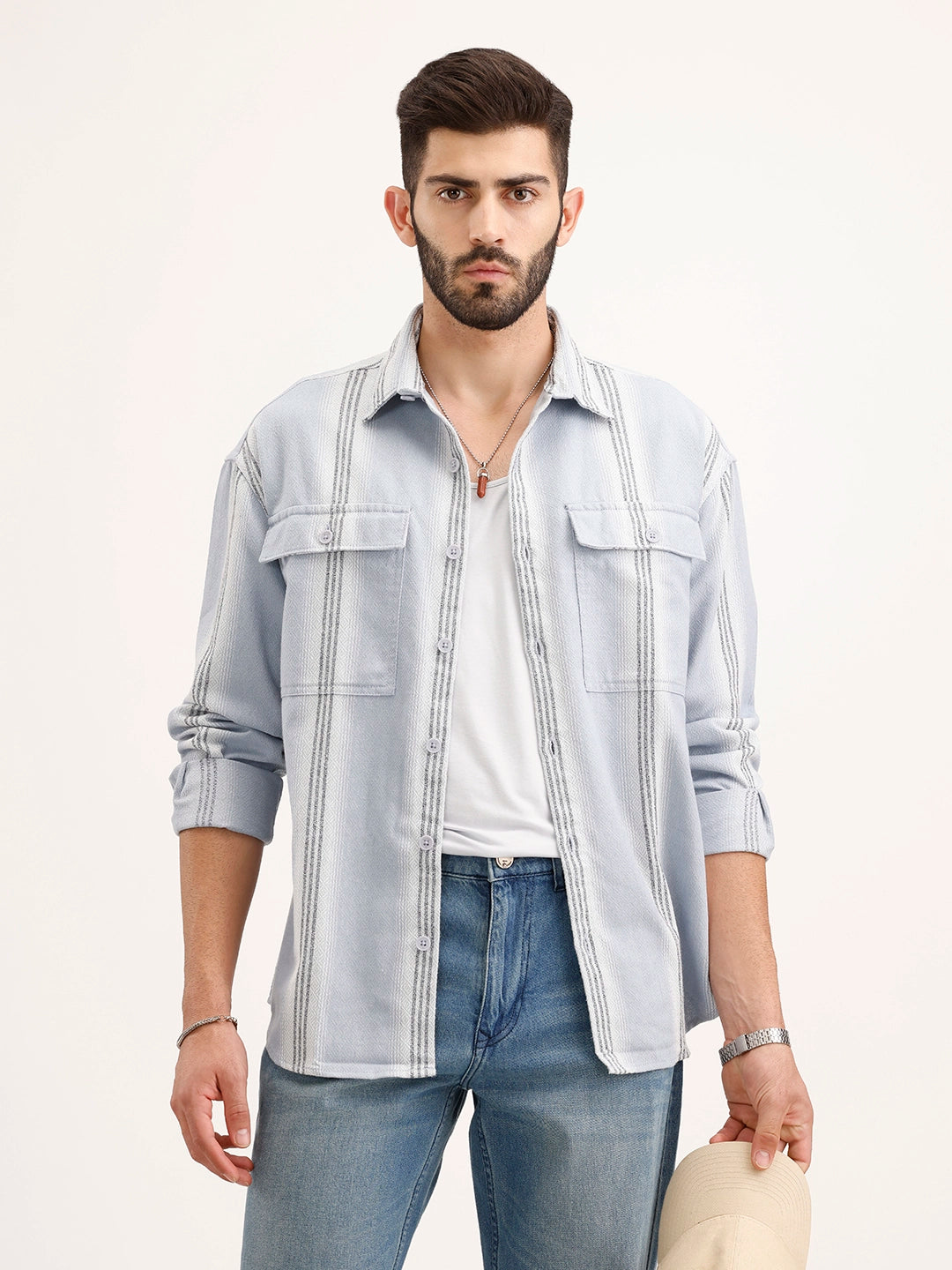 Textured Oversized Double Pocket Shirt | Blue