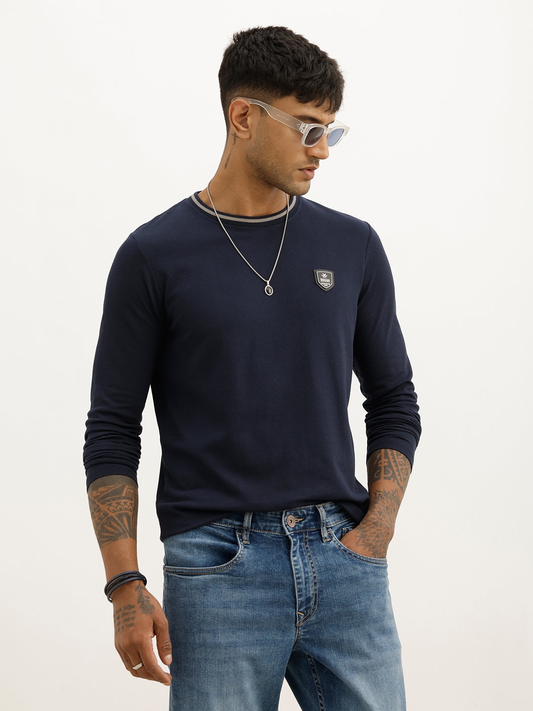 Solid Contrast Collar Full Sleeve T-Shirt | Navy Blue