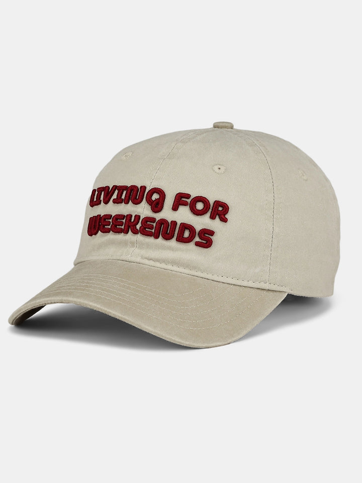 Embroidered "Living For Weekend" Graphic Cap | Cream