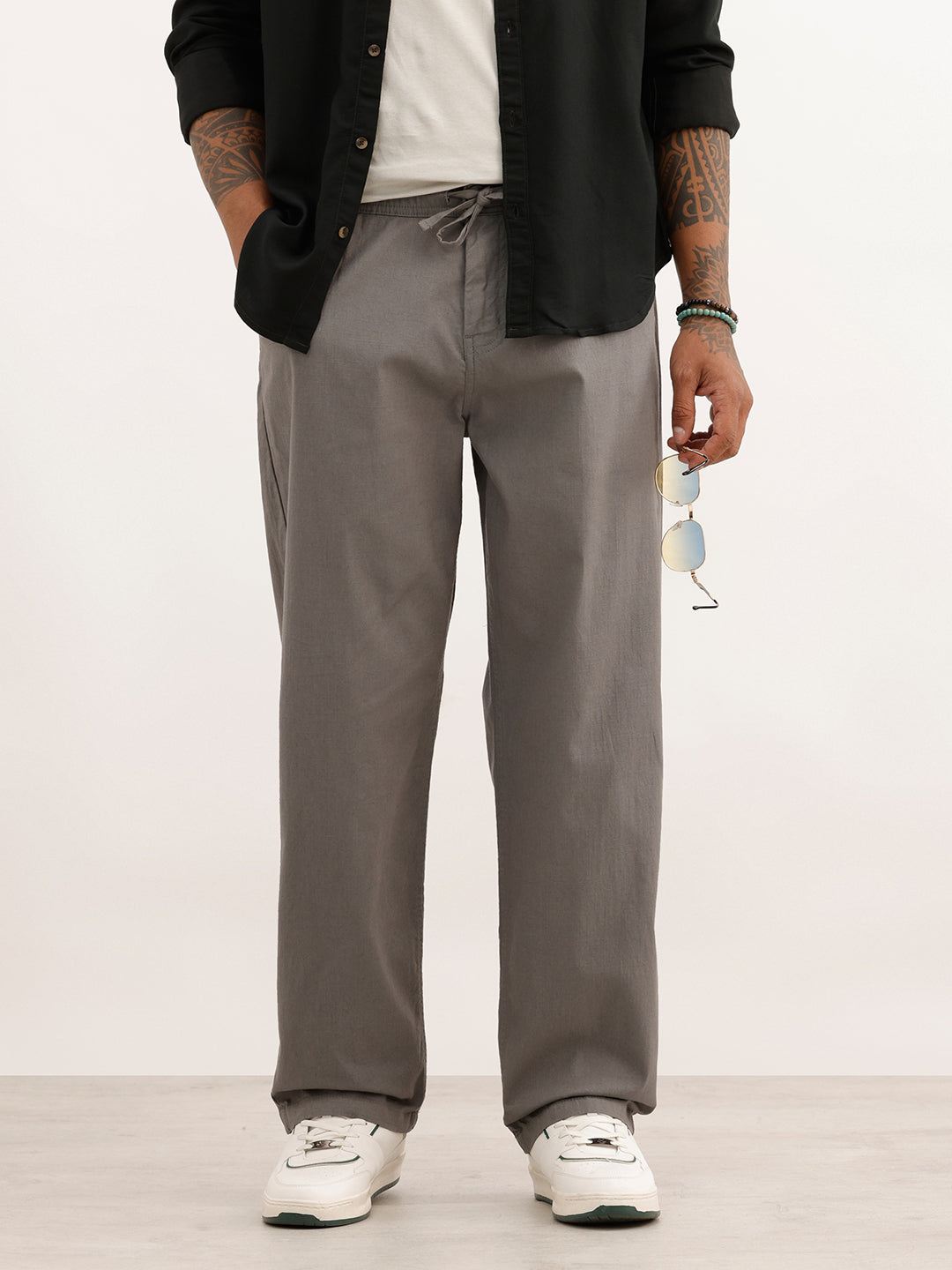 Solid Loose Fit Drawstring Trouser | Grey