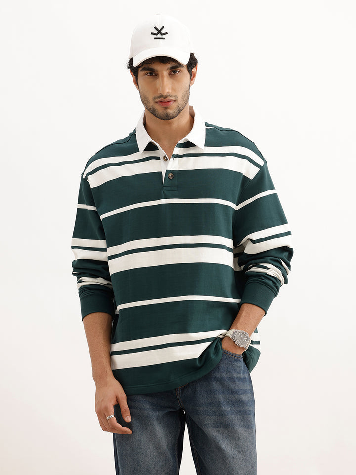 Oversized Fit Strip Collared Sweatshirt | Dark Green