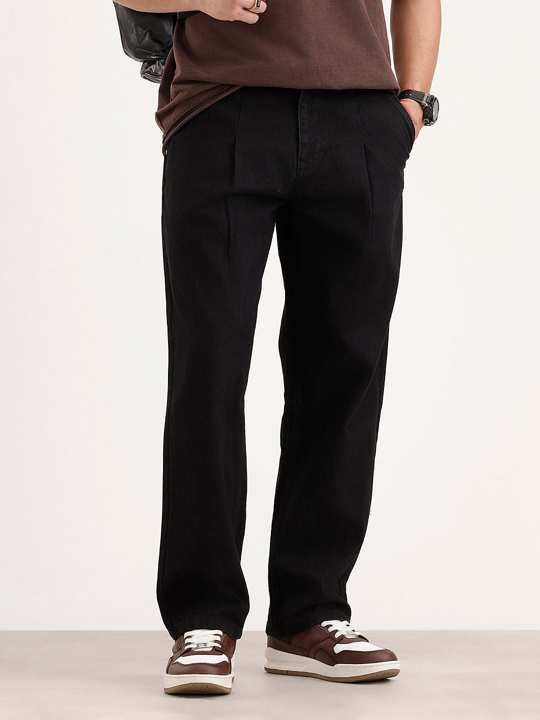 Pleated Loose Fit Denim Jeans | Black