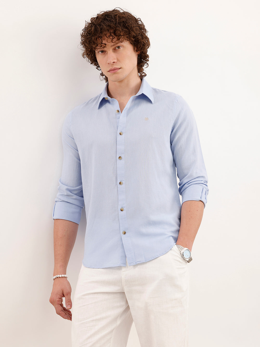 Solid Slim Fit Linen Shirt  | Blue