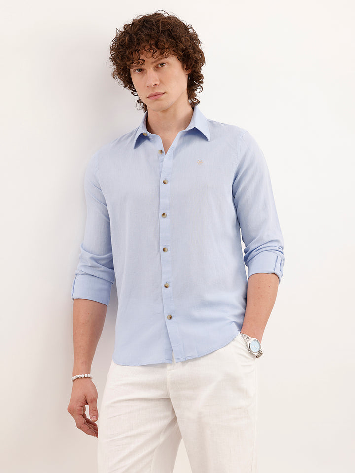 Solid Slim Fit Linen Shirt  | Blue
