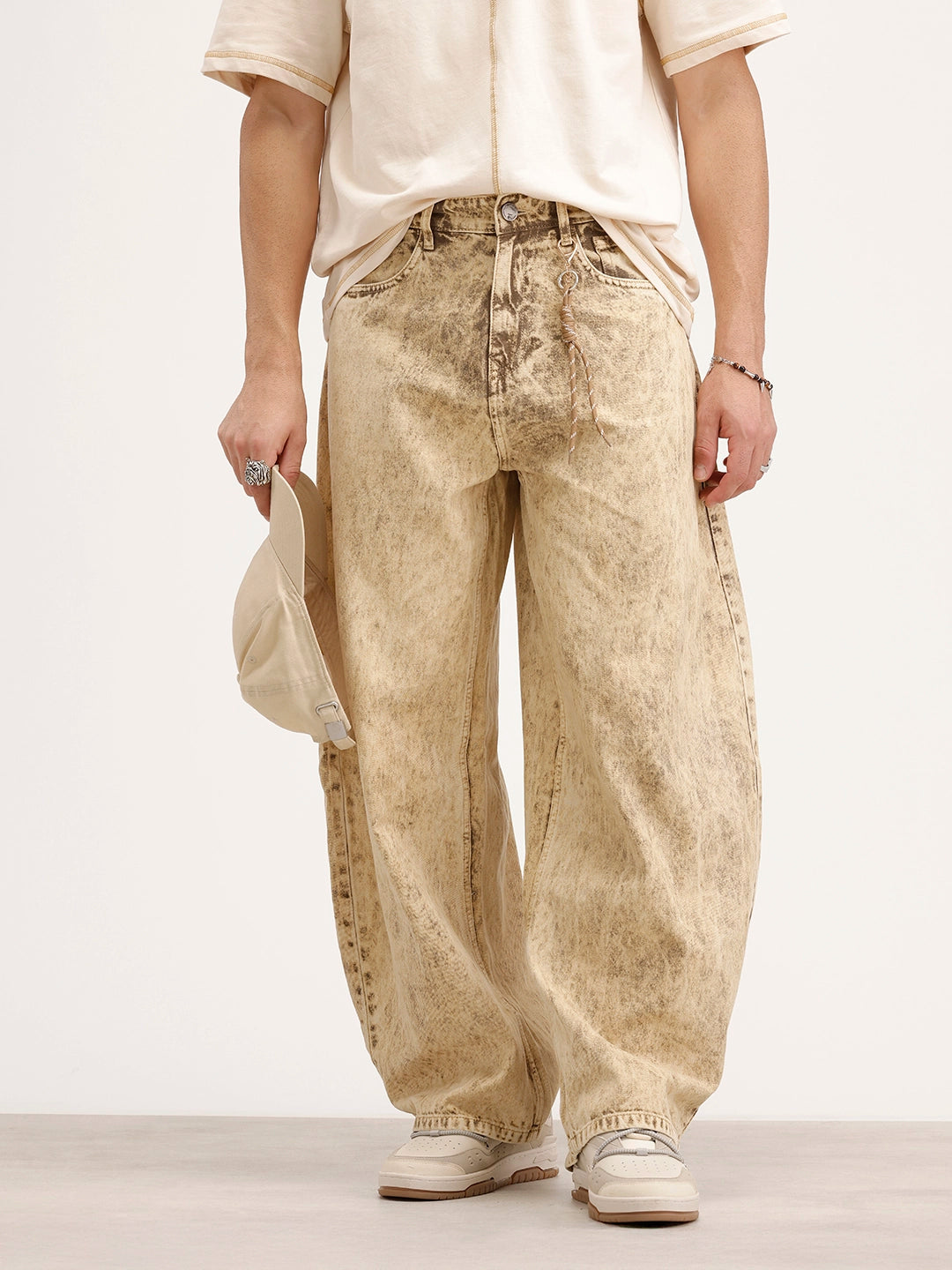 Balloon Fit Washed Denim Jeans | Khaki