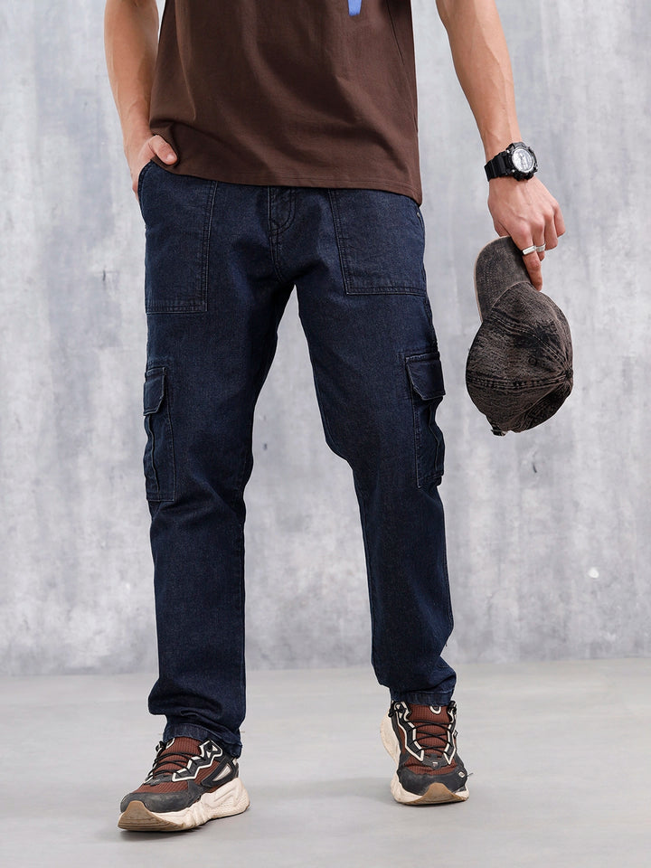 Washed Utility Cargo Jeans For Men | Dark Blue