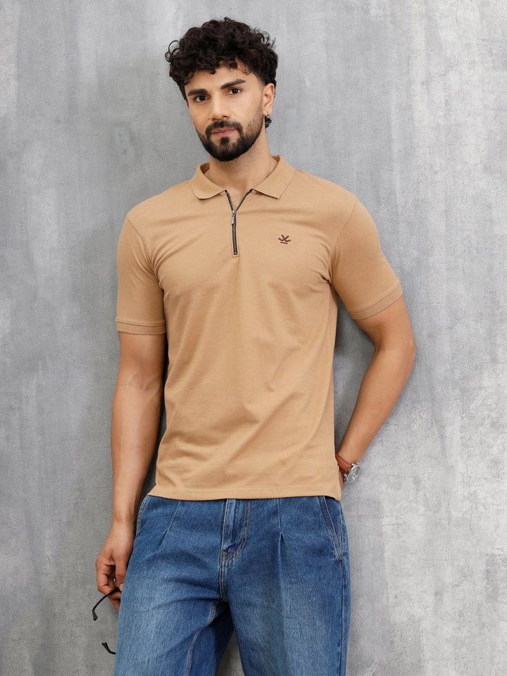 Zipper Polo T-Shirt | Beige