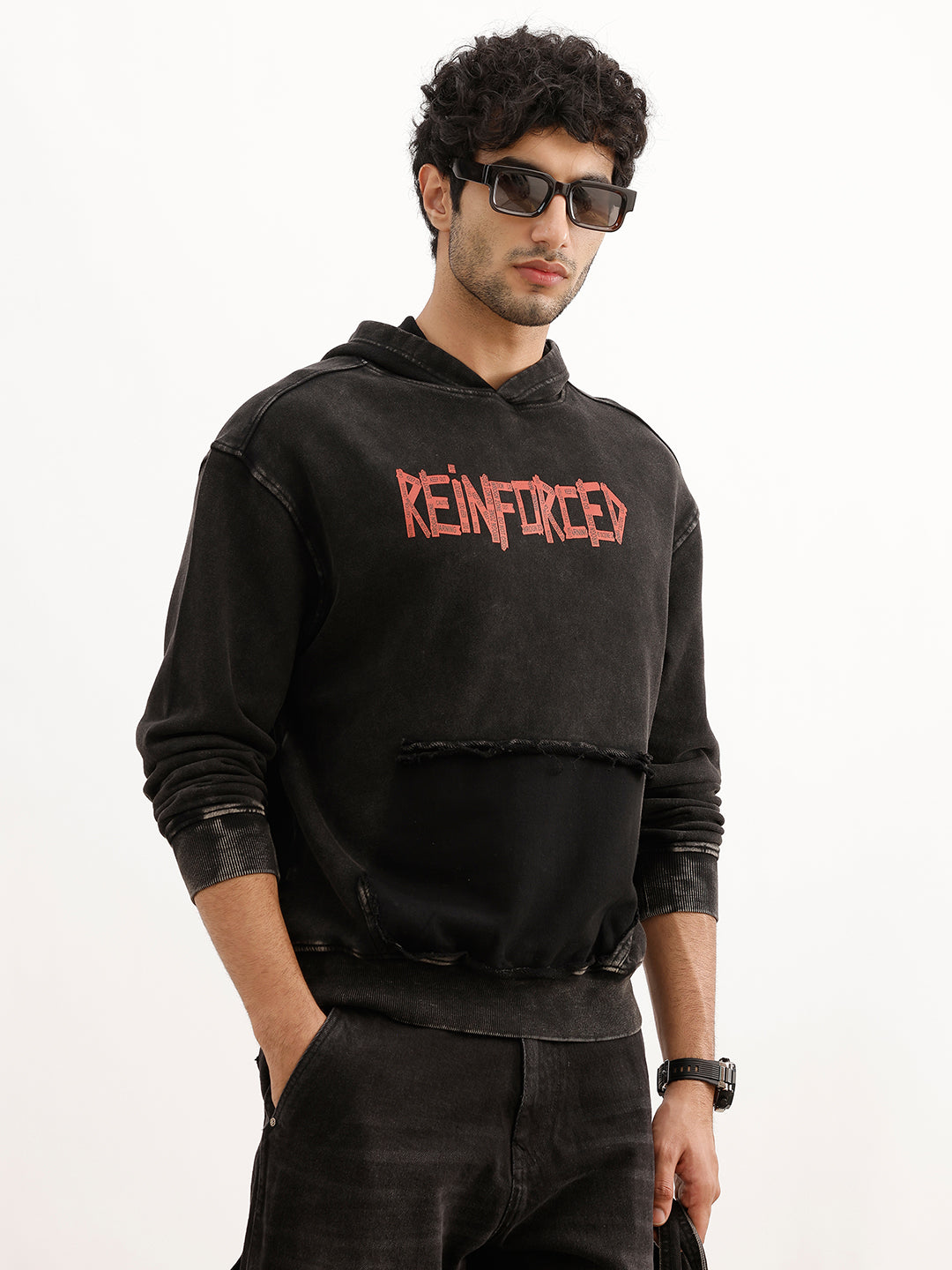 Washed Oversized Placement Printed Hooded Sweatshirt | Black
