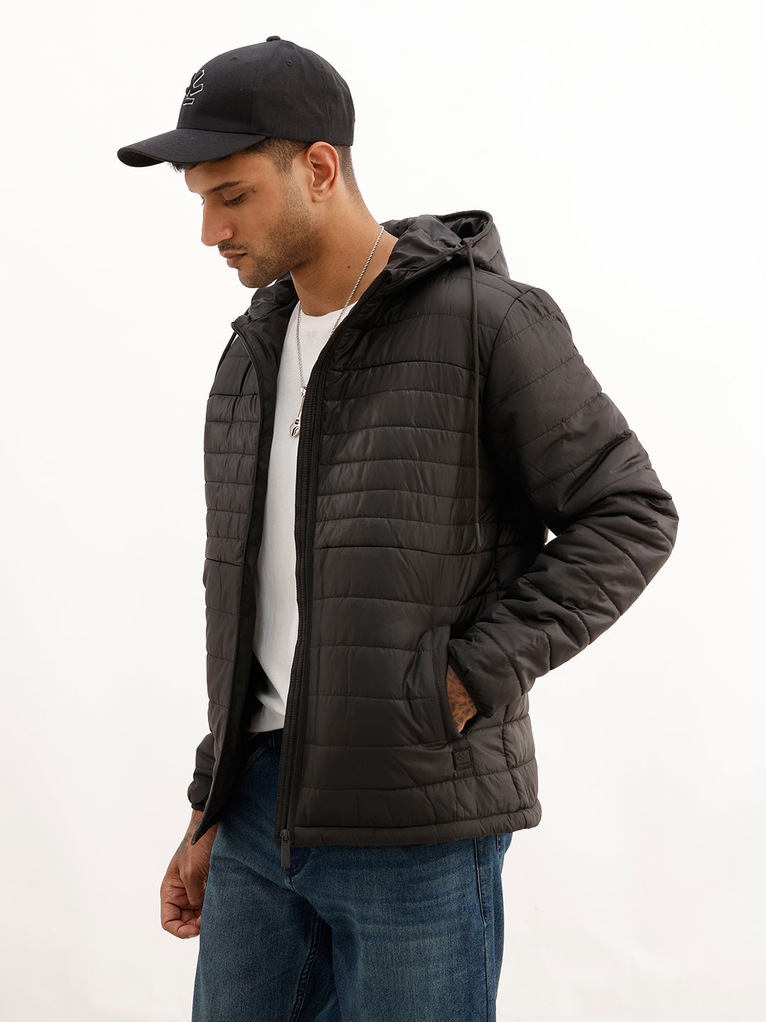 Solid Regular Fit Puffer Hooded Jacket | Black