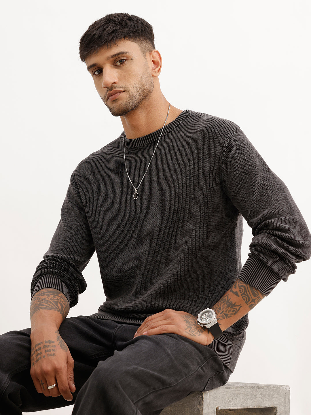 Regular Fit Textured Knited Sweater | Grey