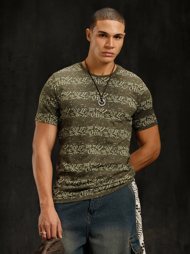 Ancient Script Striped AOP T-Shirt | Olive