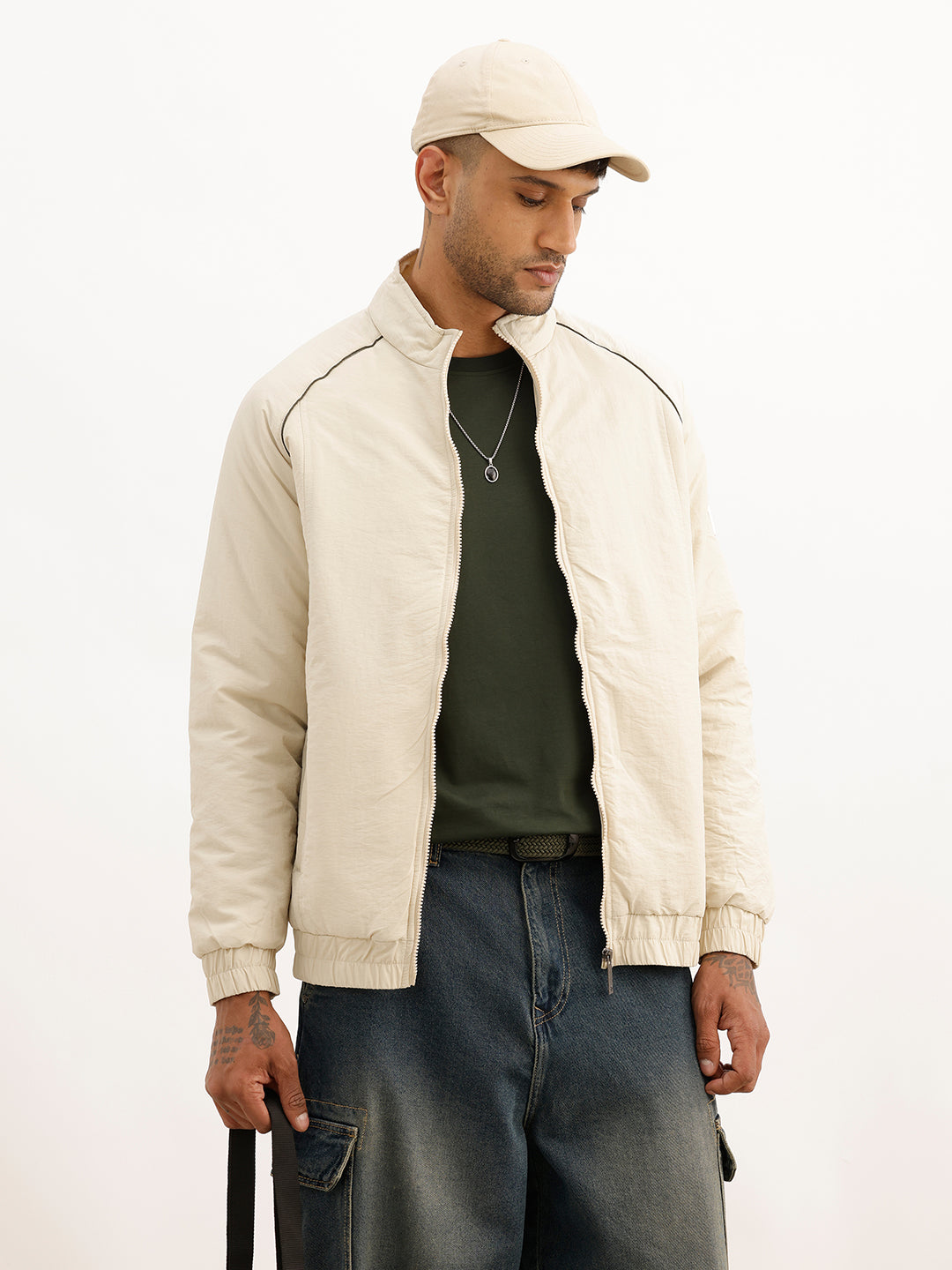 Solid Regular Fit Zipper Puffer Jacket | Beige