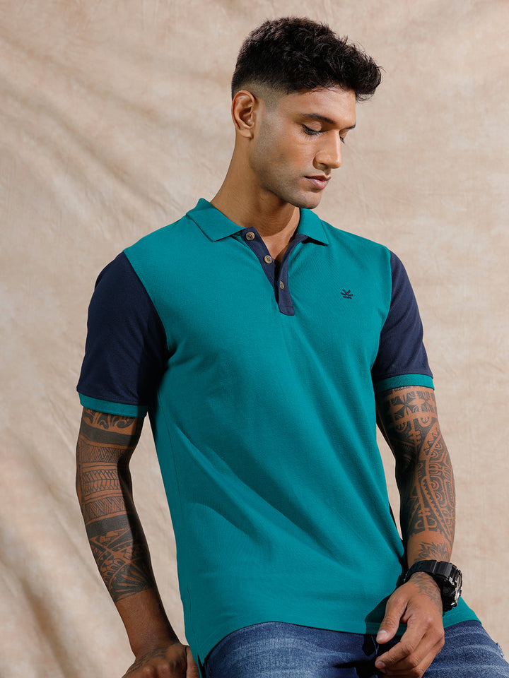 Colour Blocked Polo T-Shirt | Teal & Navy
