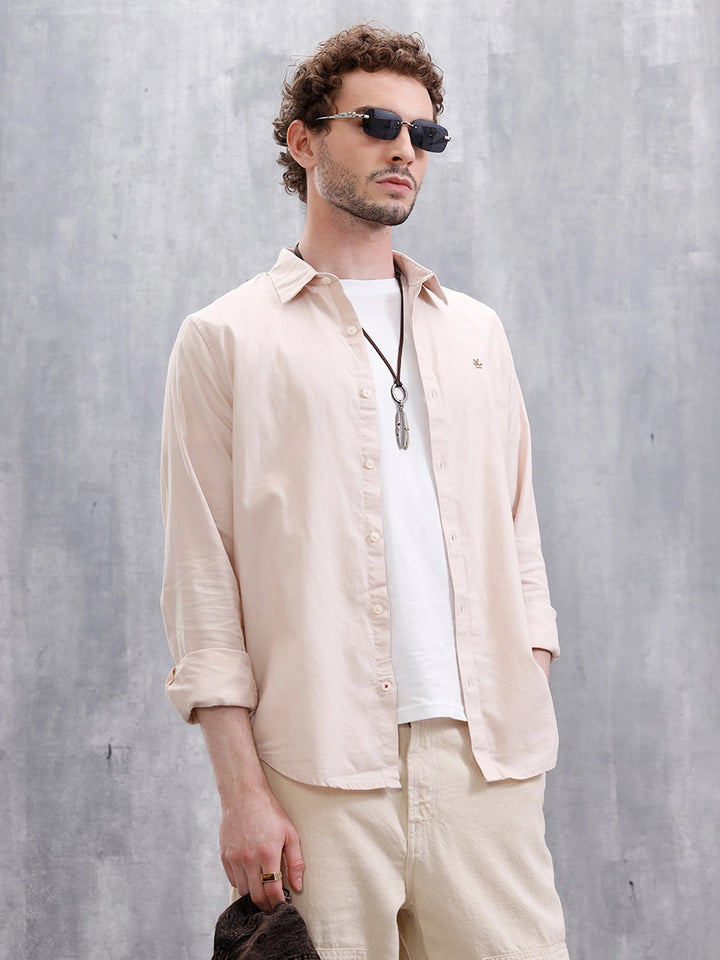 Cotton Dobby Slim Fit Shirt | Beige